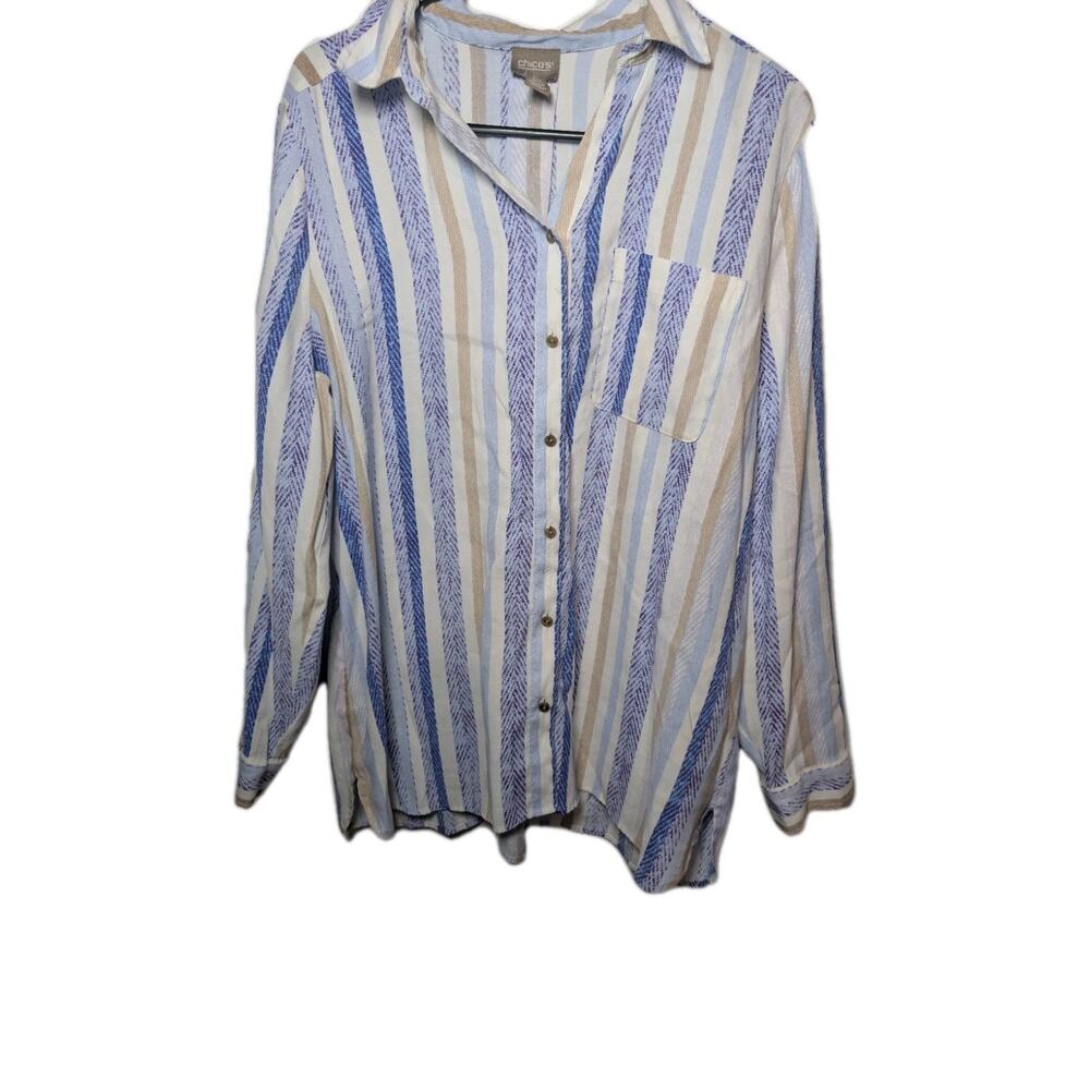 Chico's Shirt Blouse Coastal Women's Stripe Button Down Shirt Size Large 2 Beach